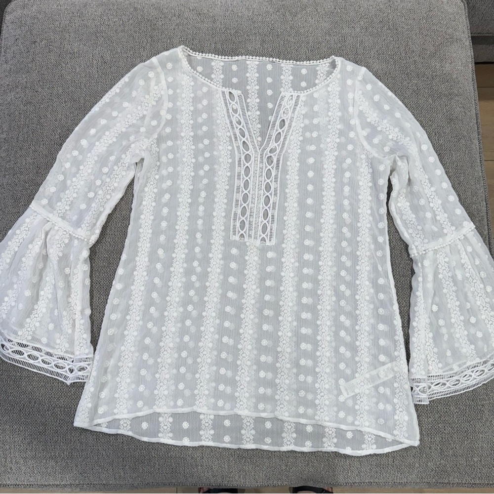 Embroidered Lace Women's Top Bell Sleeves Sheer Boho Whimsy Fairy Large